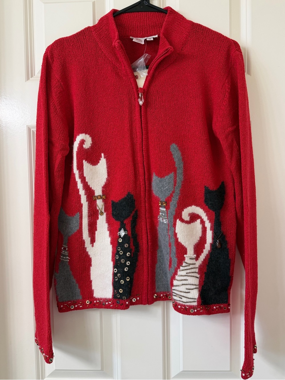 Red Zip-Front Women’s Cat Motif Sweater